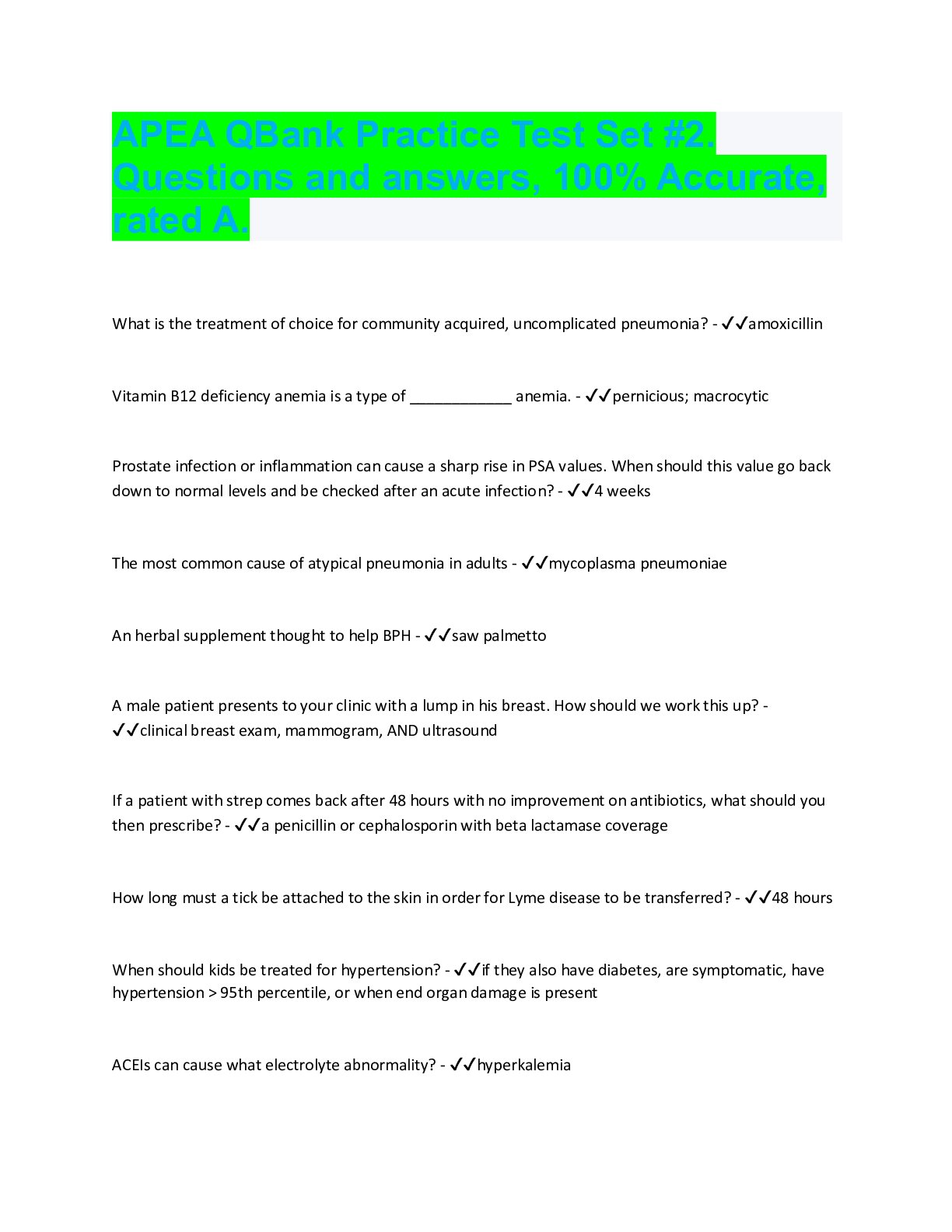 Preview image for APEA QBank Practice Test Set #2, Questions with accurate answers. Rated A. 2022/2023